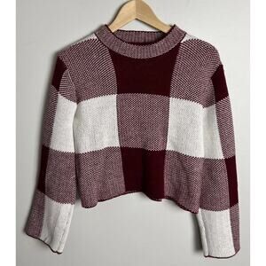 Shein Burgundy White Checkered Knit Sweater Size Medium Cropped Long Sleeve Wm’s